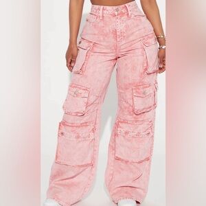 NWT FASHION NOVA Pink Acid Wash High Rise Cargo Jeans Sz 0P